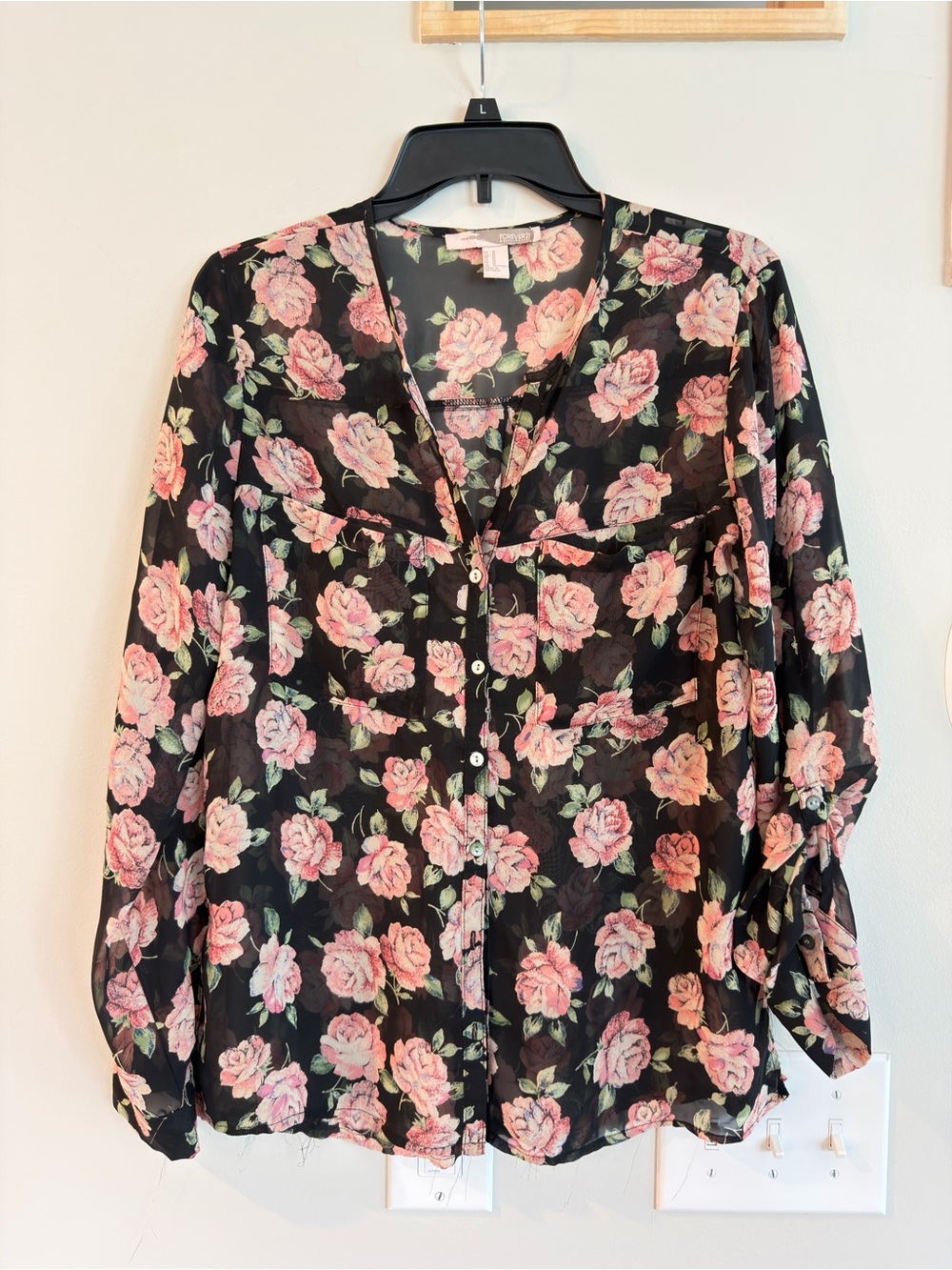 Forever 21 Black Blouse with Pink Rose Print